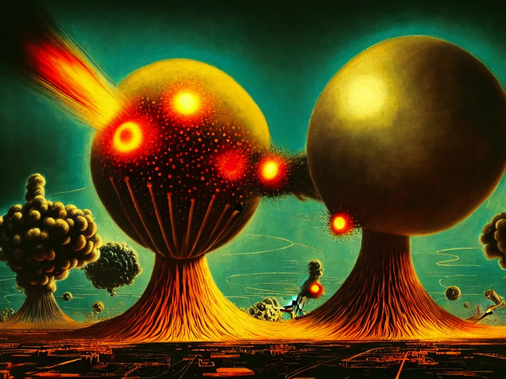 Image similar to highly detailed photo of atomic explosion, trending on deviantart, neo surrealism, sharp focus, a lot of little details, octane, masterpiece, art by max ernst