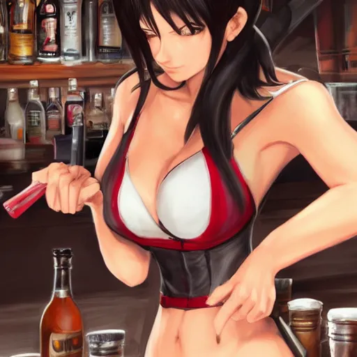 Image similar to high quality concept art of tifa lockhart working in her bar, detailed, trending on artstation