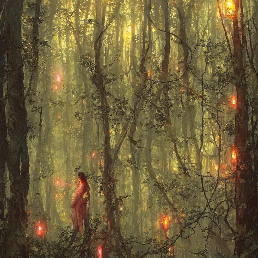 Prompt: forest, overdetailed art, by greg rutkowski, by alfons mucha, complementing colors, magic, colorful lights, fireflies, detailed illustration