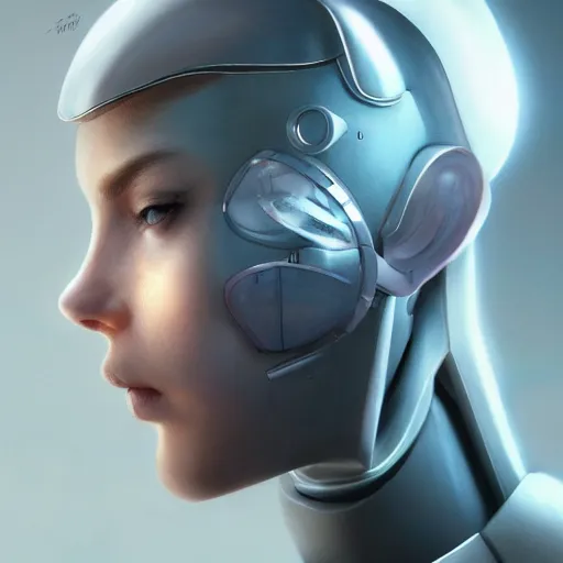 Image similar to masterpiece!!!! portrait of a futuristic android, science fiction, smooth technology, smooth body, fairy wings, intricate, headshot, highly detailed, digital painting, trending on artstation, concept art, sharp focus, cinematic lighting, illustration, art by masamune shirow and greg rutkowski, cgsociety