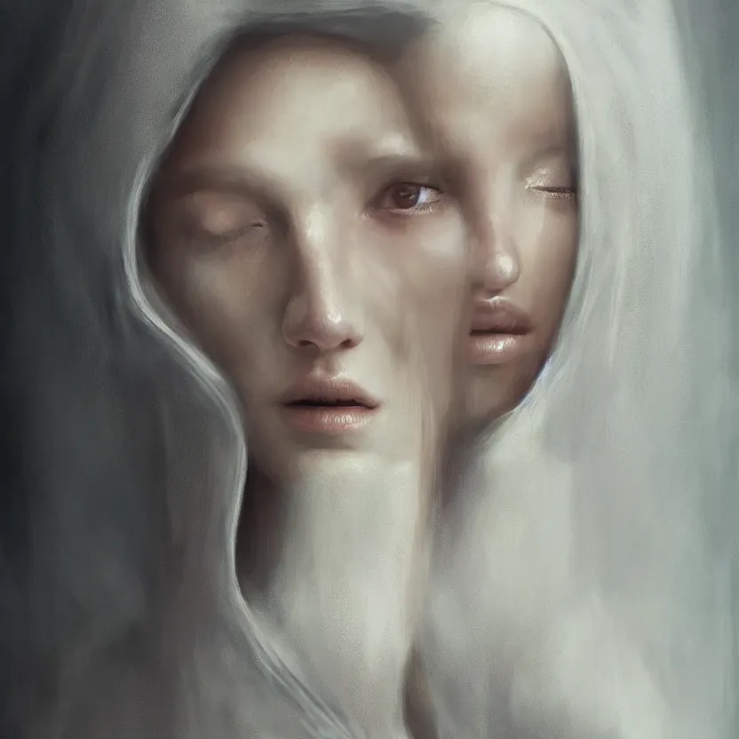 Image similar to Portrait of a young woman wearing a hooded robe, anatomically correct, perfect face, cinematic shot, unique, intricate, elegant, highly detailed digital painting, trending on Artstation, concept art, smooth, sharp focus, illustration and art by Beksinski