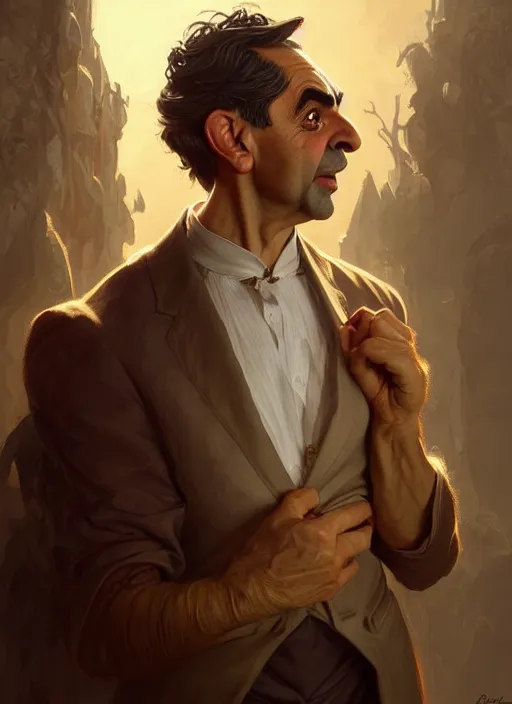 Prompt: portrait of mr bean, d & d, muscular! fantasy, intricate, elegant, highly detailed, digital painting, artstation, concept art, smooth, sharp focus, illustration, art by artgerm and greg rutkowski and alphonse mucha