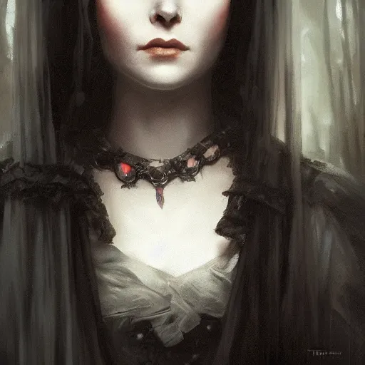 Image similar to closeup portrait of a young vivian leigh in gothic clothing, dramatic light, gorgeous view, depth, high detail, digital art, painted by greg rutkowski and seb mckinnon, by tim burton, trending on artstation