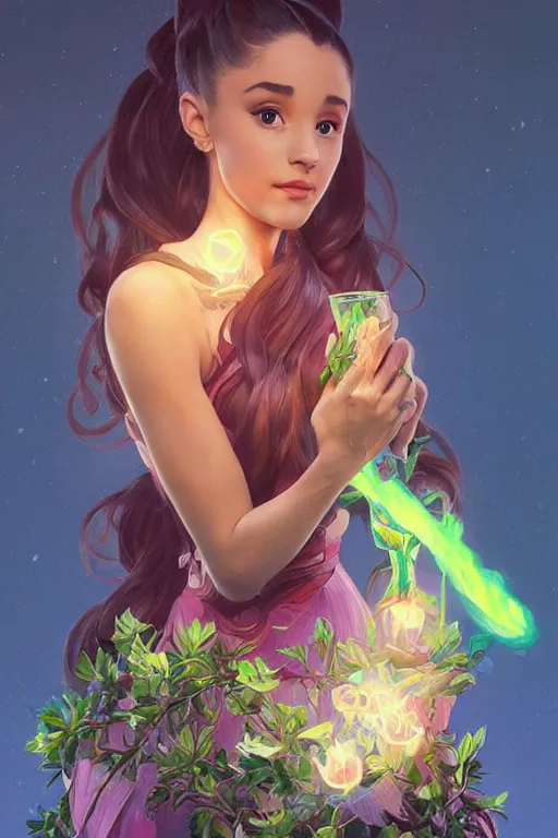 Prompt: beautiful cottagecore Ariana Grande holding a nuclear glowing colored vase. intricate, elegant. highly detailed, digital painting, artstation, concept art, smooth, sharp, focus, illustration. . art by artgerm and greg rutkowski and alphonse mucha