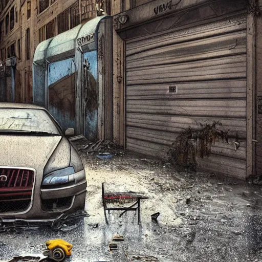 Prompt: hyper detailed and photorealistic, a number of car, dust, humus, wet street, graffiti on wall, trash scattered everywhere, abandoned car garage, 8 k, uhd, after rain, cinematic lighting, incrinate