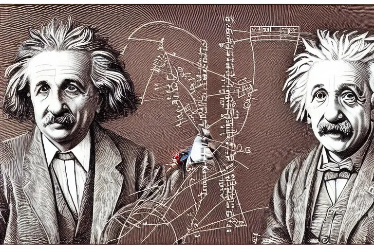 Image similar to an engraved portrait of albert einstein surrounded by intricate equations of theory of relativity, detailed!!! copper - plate engraving in the style of a postage stamp, fine!!! lines, engraved by alfred sealey, bureau of engraving and printing