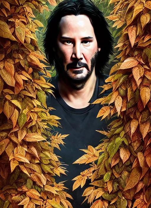 Prompt: highly detailed comedy caper movie poster with keanu reeves hiding in leaves, keanu reeves face inside a leafy bush by greg rutkowski