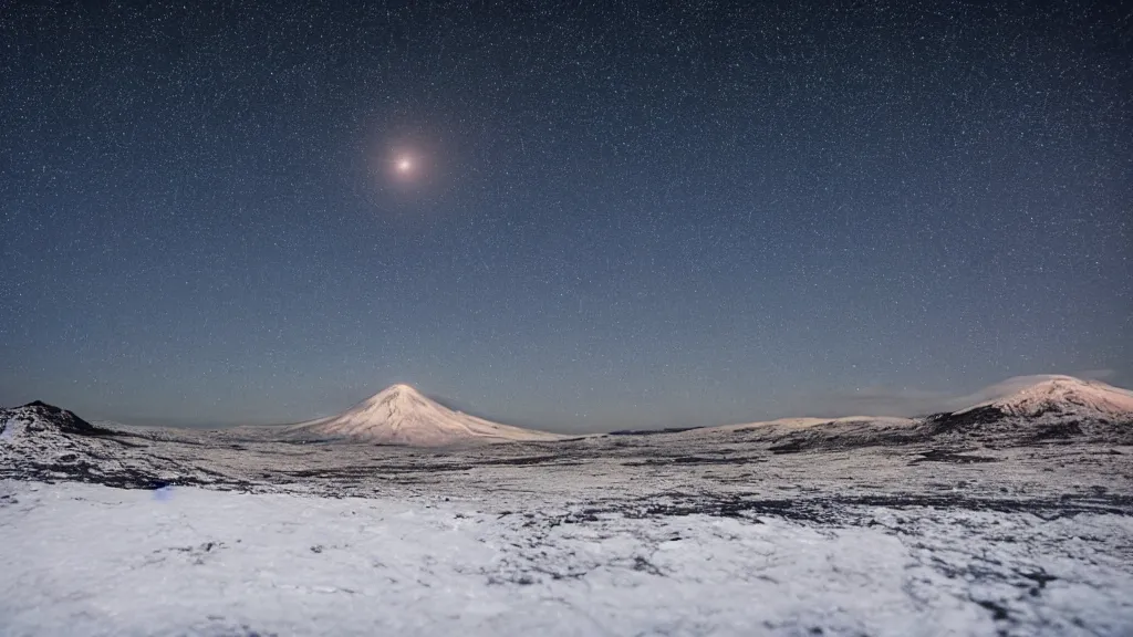 Image similar to A cold icy landscape under a clear starry sky. A volcano is erupting far away in the background. Lush green moon is seen in the sky. Wide angle.