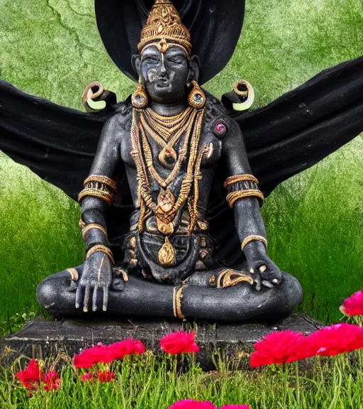 Image similar to mystical hindu black death god statue in tall meadow of flowers, dslr photo, grainy, high detail, high resolution