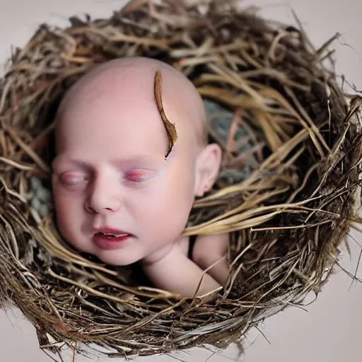 Prompt: a baby human hatching out of an egg in a nest, photography, award winning, 8 k, national geographic channel, discovety channel