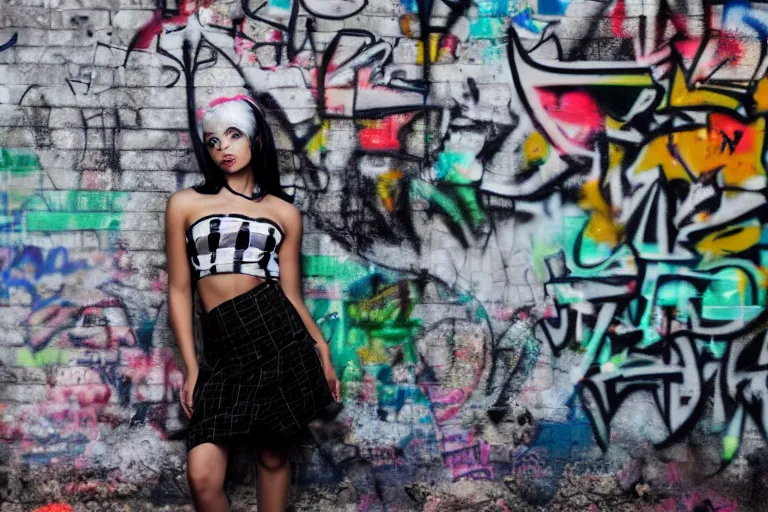 Prompt: full body portrait of a young punk woman leaning against the wall in an alley, sharp focus and highly detailed face, short asymmetrical tube top, plaid skirt, graffiti covered walls, rubbish strewn on the ground, ghetto, award winning fashion magazine photography,