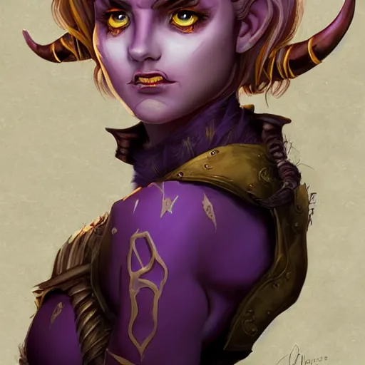 Prompt: a portrait of a cute tiefling girl with a scar along her face, skin colour purple, horns from her head, yellow eyes, cleric, dnd art, fantasy, digital art, high quality.