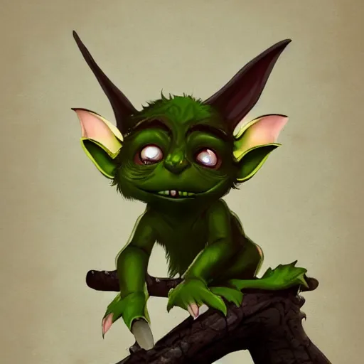 Prompt: friendly scamp goblin adventurer with pointy teeth and big bat ears perched on tree branch, artstation