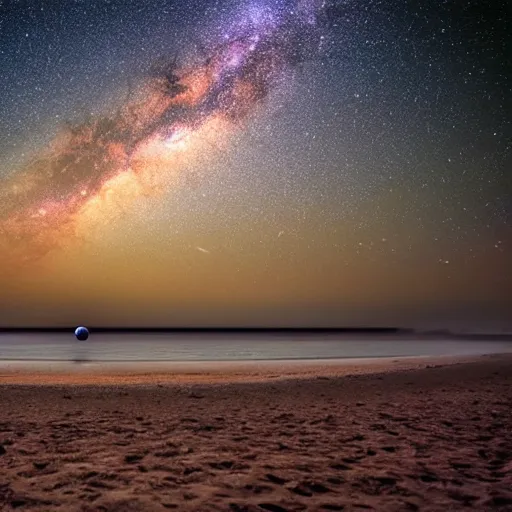 Prompt: planet on milky way as beach, water is galaxy