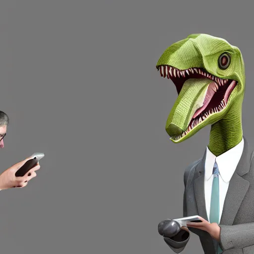 Prompt: a photo of an anthropomorpich velociraptor wearing a suit and talk with a phone, realistic, photorealism, detailed, 8k