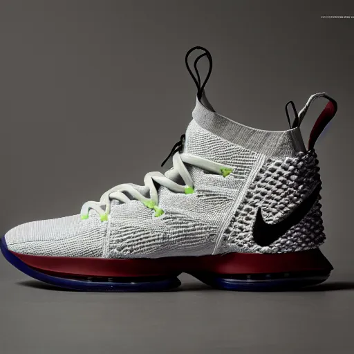 Image similar to a studio photoshoot of a Nike Lebron sneaker collab designed by Dieter Rams, air technology, geometric, knitted mesh material, realistic, color film photography by Tlyer Mitchell, 35 mm, graflex