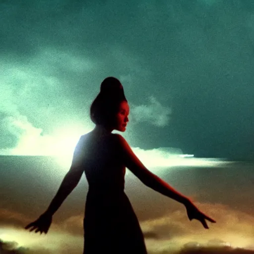 Image similar to movie still of a girl floating, cinematic composition, cinematic light, surreal cinema, dream effect, dream atmosphere, by edgar wright and david lynch,