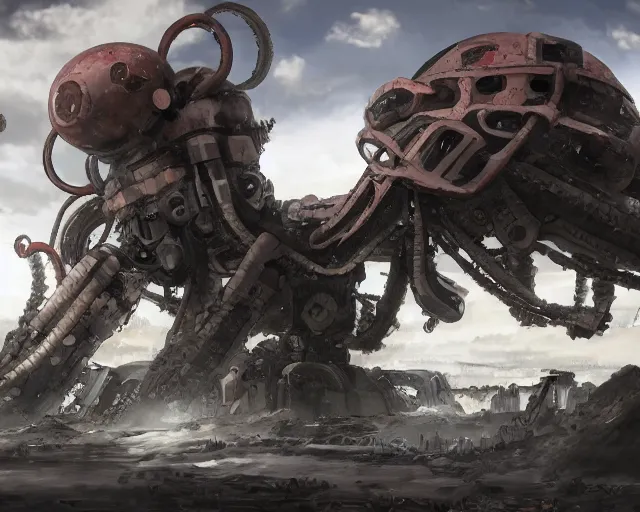 Image similar to beautiful picture of a giant octopus mecha, standing in a post-apocalyptic wasteland, anime style, art by Hajime Katoki, trending on artstation