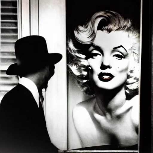 Image similar to a sneaky wide-eyed Jiminy Cricket staring at Marilyn Monroe through a window,