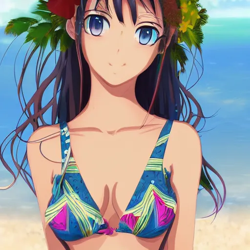 Prompt: an anime portrait of a beautiful girl in the beach, Digital art, intricate details,