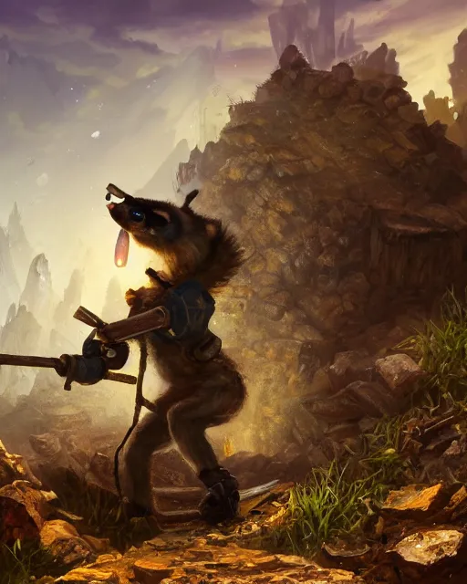 Image similar to oil painting of raccoon mining gold with pickaxe, close shot, full body, dark steampunk mine shaft background, sharp focus, fantasy style, octane render, volumetric lighting, 8k high definition, by greg rutkowski, highly detailed, trending on art Station, dungeons and dragons artwork, centered