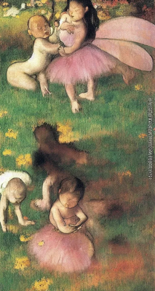 Prompt: oil painting of a Japanese baby girl crawling in a fancy garden, unicorn and fairy around, sunny day, art by Edgar Degas