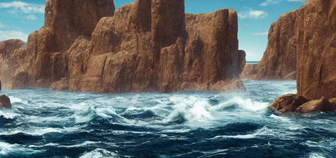 Prompt: a very high resolution image from a scene where moses splits the two seas apart. beautiful scenery. photorealistic, photography, directed by tod howard