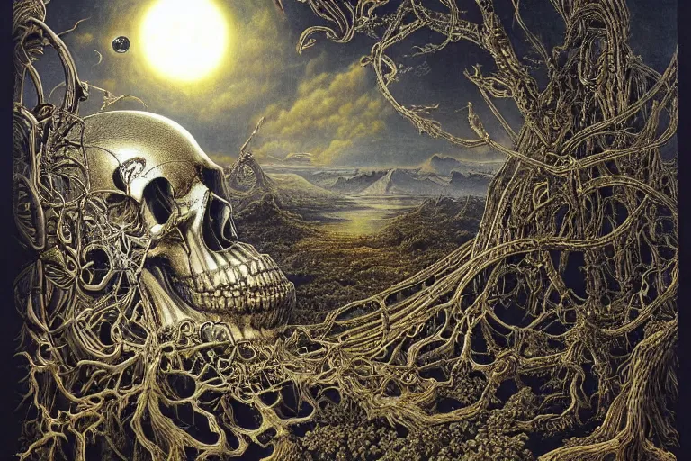 Image similar to a surreal and awe - inspiring science fiction landscape, full moon like skull, intricate, elegant, highly detailed matte painting by ernst haeckel and mark brooks