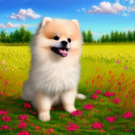 Image similar to cute fluffy pomeranian puppy sitting in flower meadow landscape detailed painting 4 k