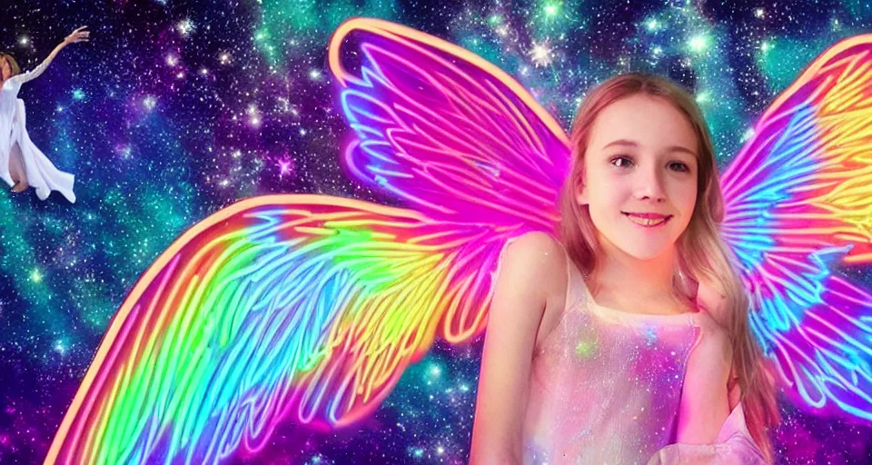 Image similar to a beautiful angel floating in space with neon wings