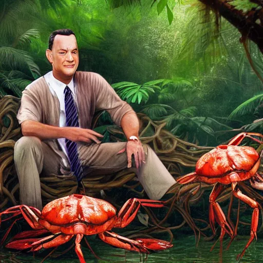 Image similar to Tom Hanks as forrest gump sitting on a giant shrimp in the jungle, realistic digital painting, photoreailstic, realistic face, amazing detail, sharp