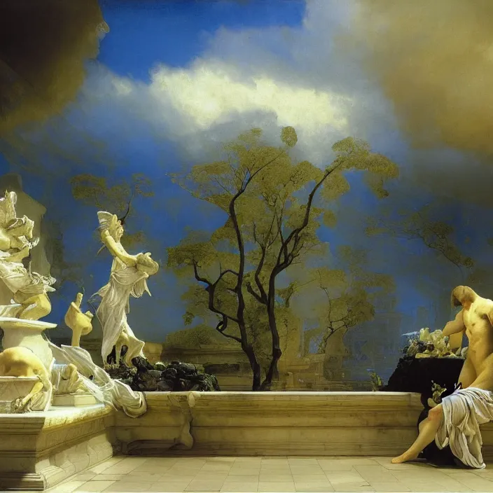 Prompt: gardens of marble draped in flowing sheets of cobalt blue gold silver satin, by ivan aivazovsky syd mead moebius roger dean donato giancola yoshitaka amano pieter claesz jan de heem paul delaroche alma tadema aelbert cuyp willem claesz beksinski caspar friedrich, hyperrealistic, volumetric light, render