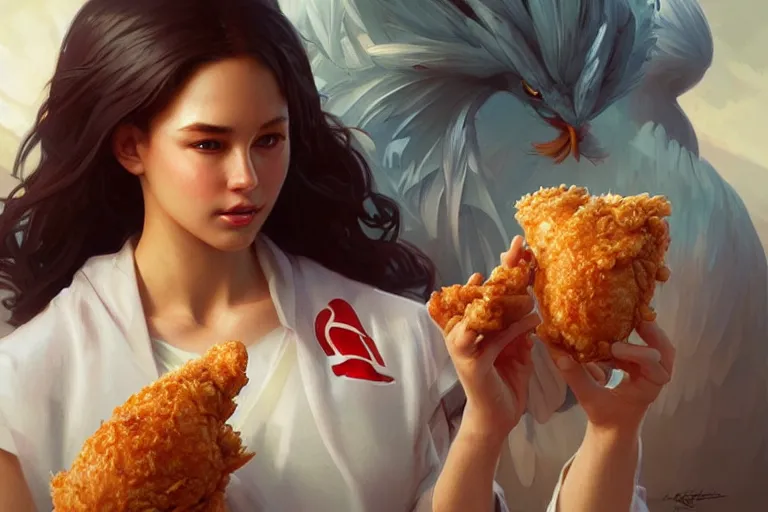 Image similar to kfc chicken, portrait, elegant, intricate, digital painting, artstation, concept art, smooth, sharp focus, illustration, art by artgerm and greg rutkowski and alphonse mucha