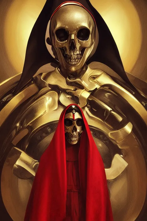 Prompt: ultra realistic illustration, 3 d render of a nun with a skull helmet red and gold accents, gothic, dark, hacknaut, fantasy, intricate, elegant, highly detailed, digital painting, artstation, concept art, smooth, sharp focus, illustration, art by artgerm and greg rutkowski and alphonse mucha