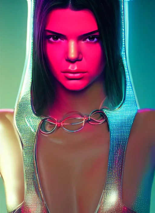 Image similar to a sensual kendall jenner humanoid with freckles cheeks, cyber neon lighting, futurism, intricate futuristic jewelry accessories, cyberpunk glossy latex swimsuit, profile posing, hyper photorealistic, crispy quality, digital photography, trending in artstation, trending in pinterest, cinematic, 4 k ultra hd, art by pascal blanche, art by greg rutkowski,