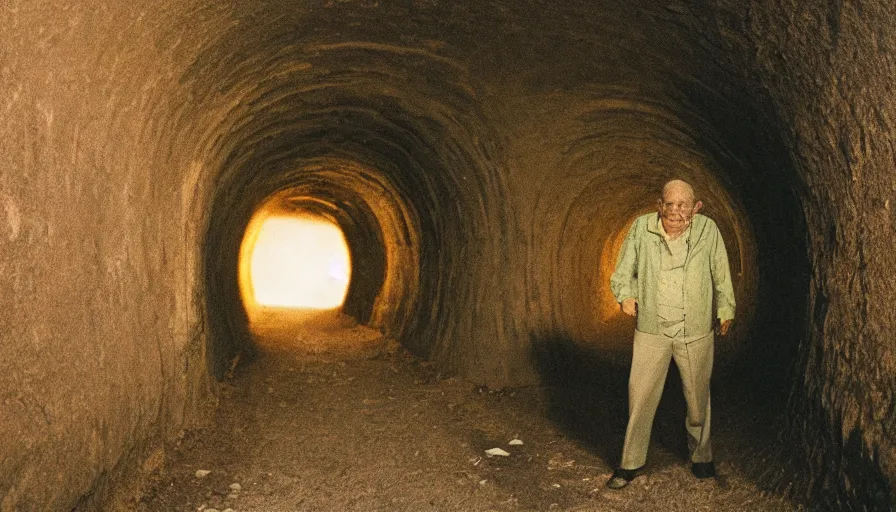 Image similar to 7 0 s movie still of an old man in a tiny tunnel. his skin is full of holes. cinestill 8 0 0 t 3 5 mm technicolor, heavy grain, high quality, high detail