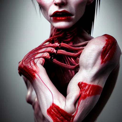 Prompt: female vampire with translucent skin, visible muscles and veins and arteries and bones and spine and nerves, beautiful detailed intricate insanely detailed octane render, 8K artistic photography, photorealistic, chiaroscuro, by David Cronenberg