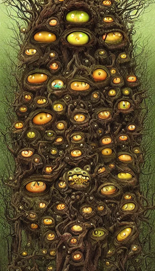 Image similar to a storm vortex made of many demonic eyes and teeth over a forest, by naoto hattori