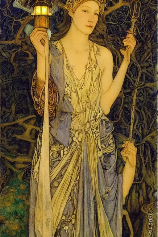 Image similar to queen of the forest with her lantern by Annie Swynnerton and Nicholas Roerich and jean delville, strong dramatic cinematic lighting , ornate headdress , flowing robes, lost civilizations, smooth, sharp focus, extremely detailed