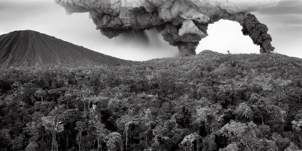 Image similar to a Sebastião Salgado's photograph of landscape of a forest near an erupting volcano