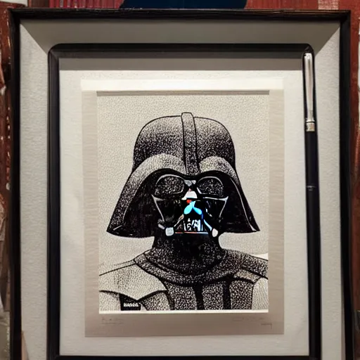 Prompt: A portrait painting of Darth Vader. Art by Hiyao Miyazaki. Extremely detailed. Beautiful. 4K. Award winning.