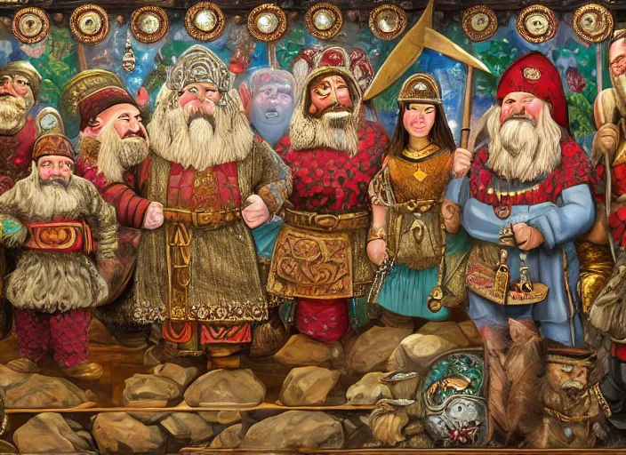 Image similar to jewel encrusted dwarven mural depicting a family history of mountain dwarves. a large ruby is the focal point of the mural