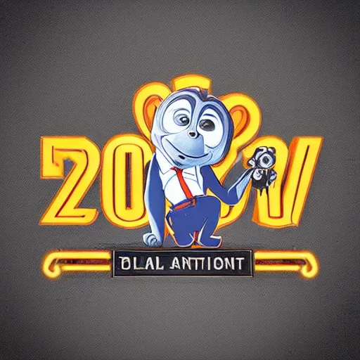 Image similar to “ logo of a upside down monkey in the style of zootopia holding laser gun, with a black background, digital art, award winning, trending on art station, retro style ”