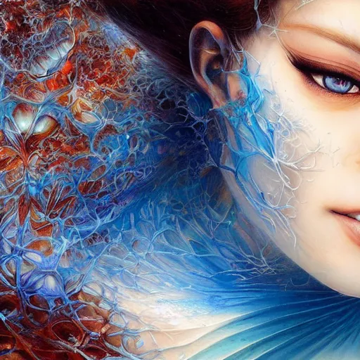 Prompt: a beautiful fractal manipulating water by karol bak, ayami kojima, artgerm, river, water, blue eyes, smile, concept art, fantasy