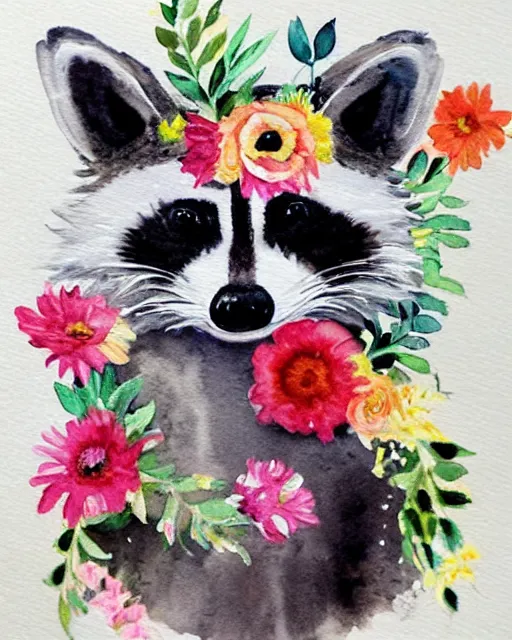 Image similar to a painting of a raccoon wearing a flower crown, a watercolor painting by annabel kidston, a storybook illustration, trending on pinterest, rococo, made of flowers, watercolor, whimsical, white paper