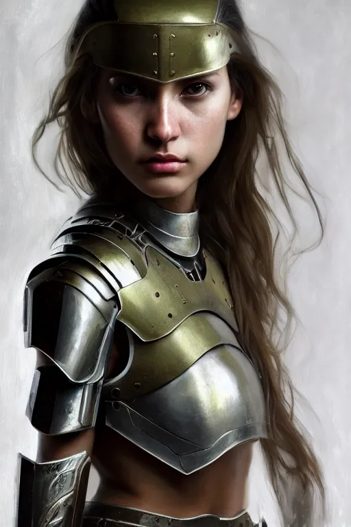 Image similar to a photorealistic painting of an attractive young girl, partially clothed in metal-plated battle armor, olive skin, long dark hair, beautiful bone structure, symmetrical face, perfect eyes, intricate, elegant, digital painting, concept art, illustration, sharp focus, minimal artifacts, from Metal Gear, in the style of Ruan Jia and Mandy Jurgens, by Greg Rutkowski, trending on Artstation, award winning