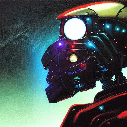 Image similar to a dark and colorful close - up side profile portrait of a sci - fi mecha robot with led lights glowing fog in the background. highly detailed science fiction painting by norman rockwell, frank frazetta, and syd mead. rich colors, high contrast, gloomy atmosphere, dark background. trending on artstation