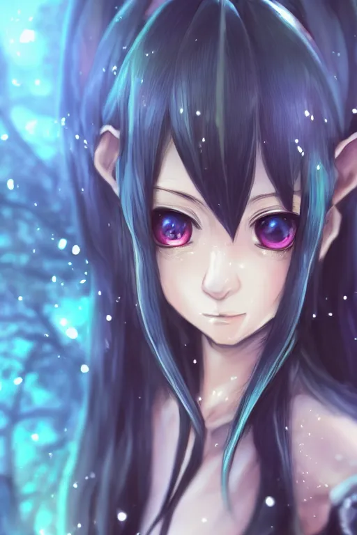 Image similar to adorable young cute anime elf girl, long black hair, fantasy armor. full body shot, symmetrical face. symmetrical detailed defined eyes. beautiful lineart. bokeh pixiv # 1 ranking depth focus, chromatic aberration, noise, soft lighting, srgb, 4 k, cinematic