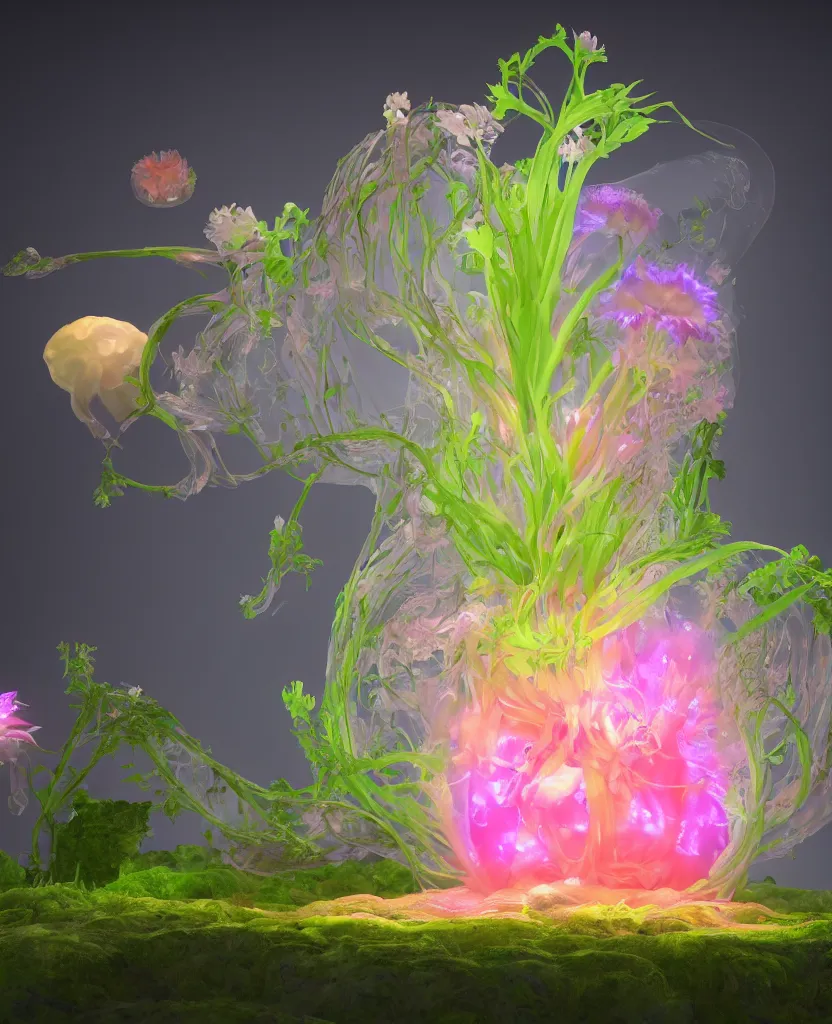 Prompt: a giant flower made out of chakra, giant gladiola and jellyfish chakra inside a giant fungus, translucent, bio luminescent, plasma, energy flow. highly detailed, excellent composition, cg render, 8 k