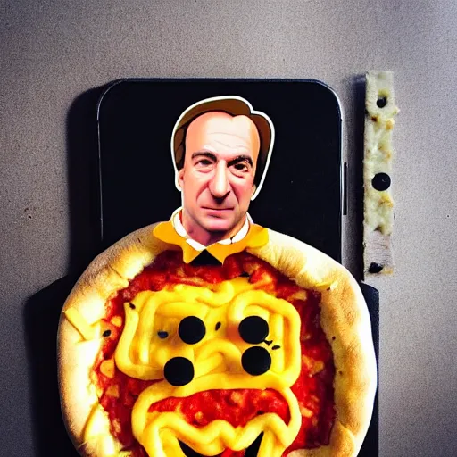 Prompt: a photo of a saul goodman face made of cheese in a pizza, food photo, professional food photo, iphone, 4 k